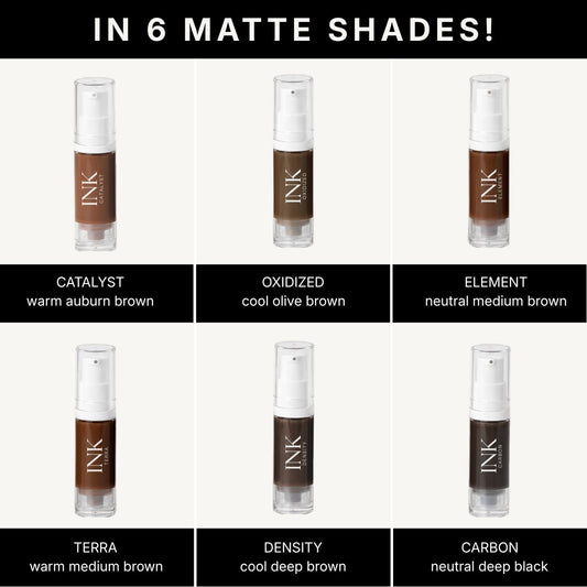 All six matte shades of INK brow pigment: CATALYST, OXIDIZED, ELEMENT, TERRA, DENSITY, and CARBON