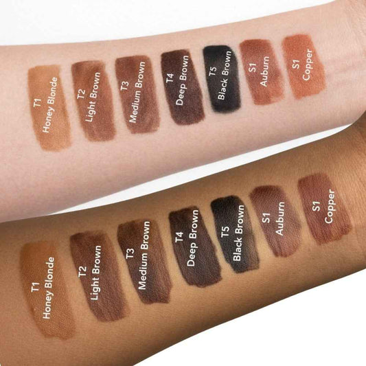 Brow color swatches on two different skin tones with color names labeled.