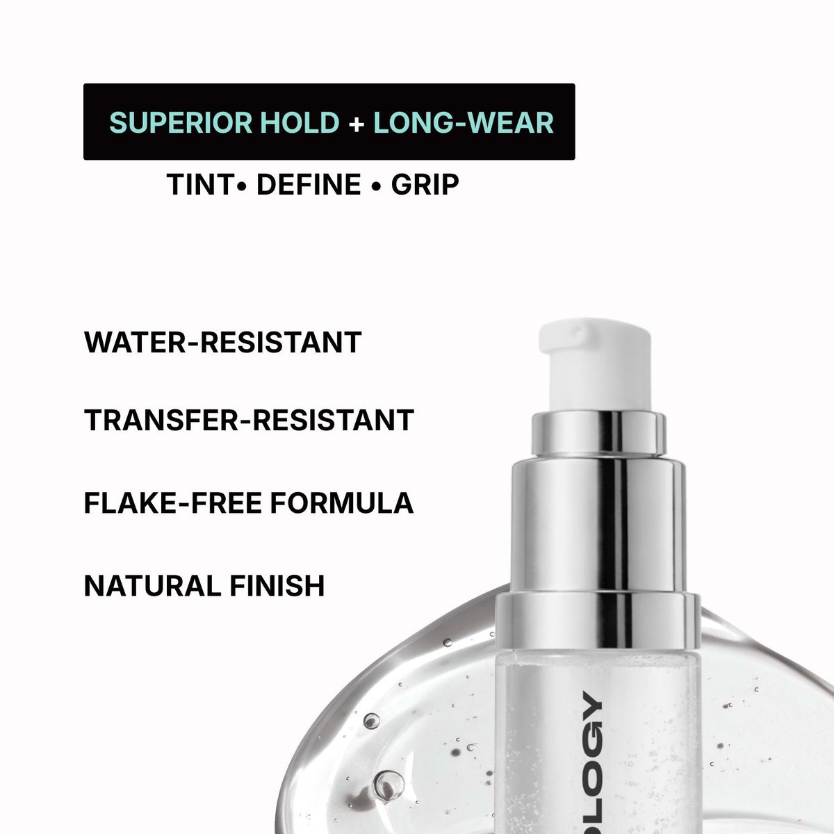 Tintology brow gel bottle with text highlighting features on a white background