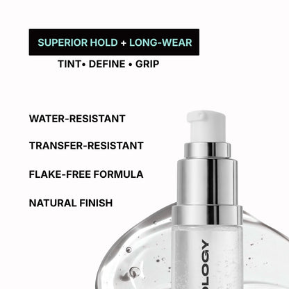 Tintology brow gel bottle with text highlighting features on a white background