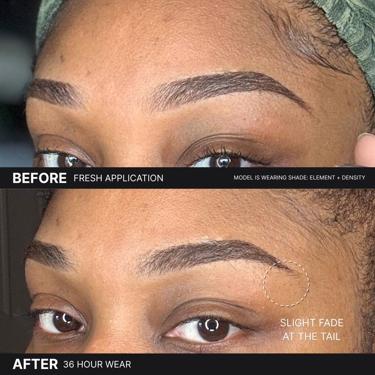 Before-and-after close-up of a person's eyebrows, showing fresh application at the top and 36-hour wear at the bottom, with text noting slight fade at the tail after 36 hours. Model is wearing INK shade element and density.
