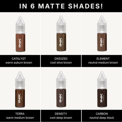 All six matte shades of INK brow pigment: CATALYST, OXIDIZED, ELEMENT, TERRA, DENSITY, and CARBON