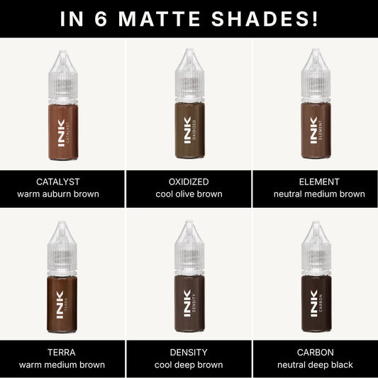 All six matte shades of INK brow pigment: CATALYST, OXIDIZED, ELEMENT, TERRA, DENSITY, and CARBON