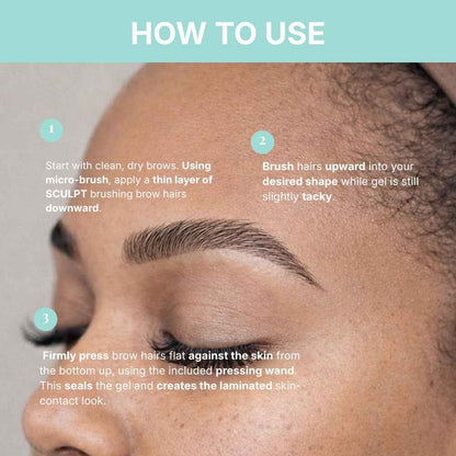 Instructions on how to use a brow gel product with a close-up of a person's eyebrow.