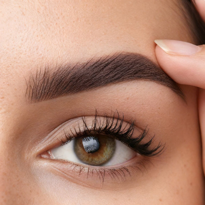 Close-up of a woman's eyebrow showing the smudge-proof effect of Tintology