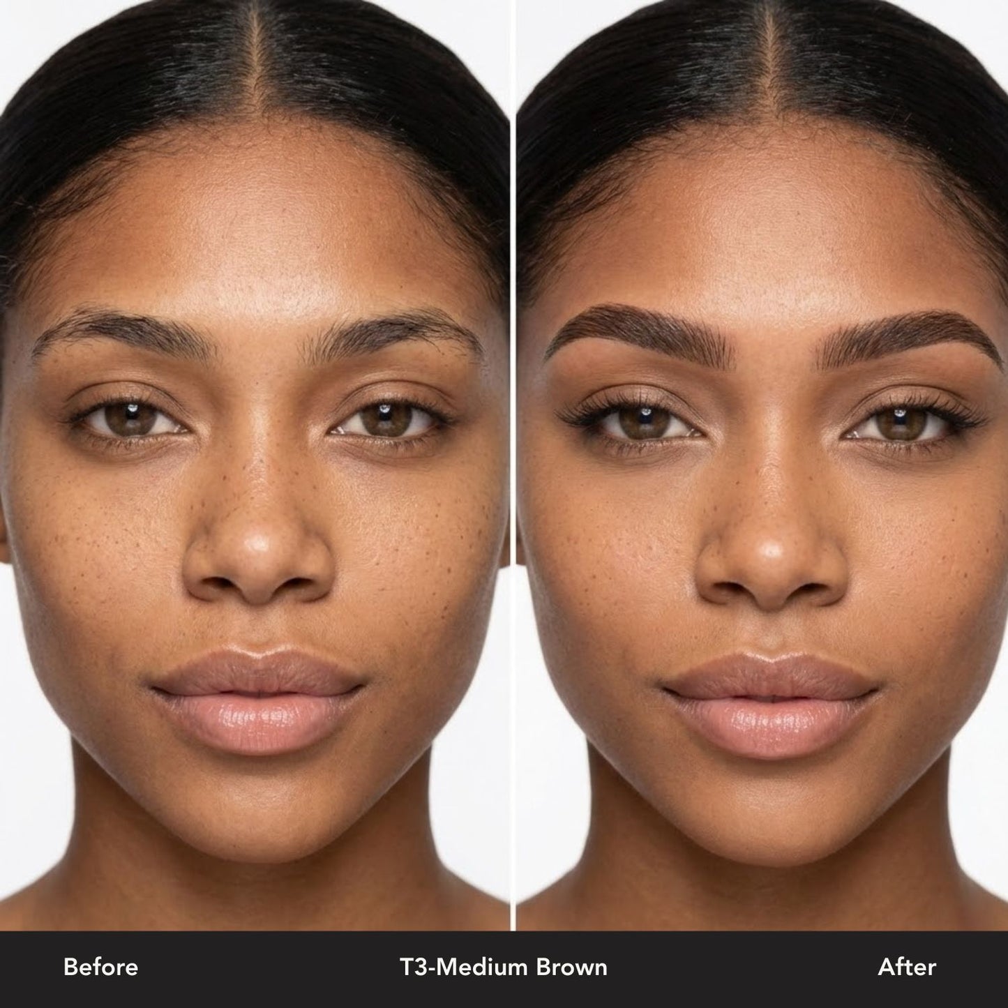 Before and after comparison of a woman's face with Tintolopgy's T3-Medium Brown brow makeup application.