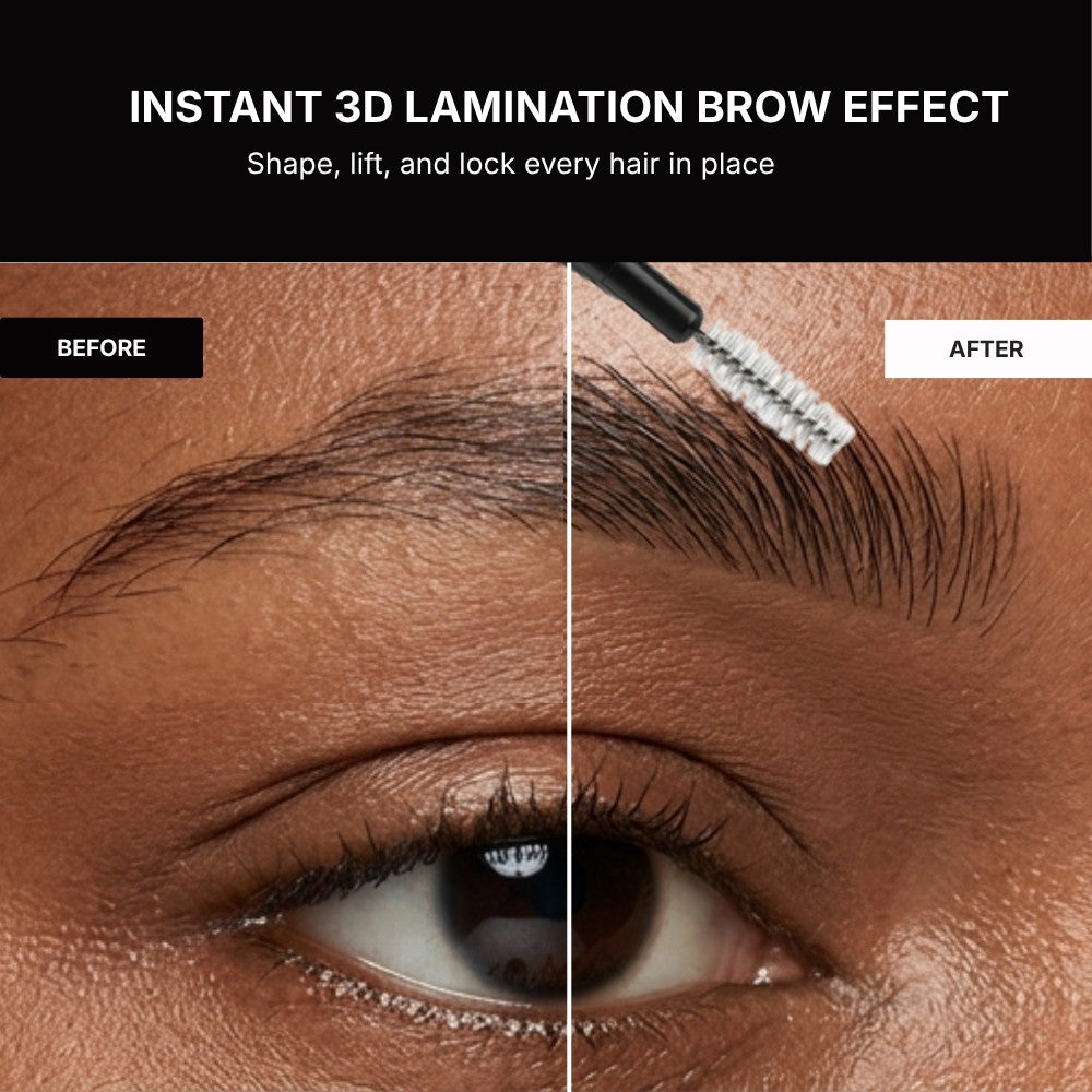 Side-by-side comparison of natural brows vs. brows with an instant lamination effect, showing lifted and sculpted results.