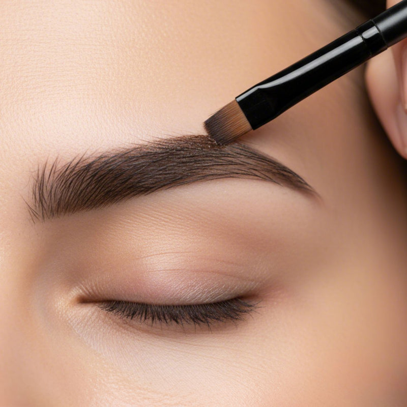 Close-up on a person's eye as a dark, angled makeup brush applies the finished Tintology product to fill in and define a natural, dark brown eyebrow.