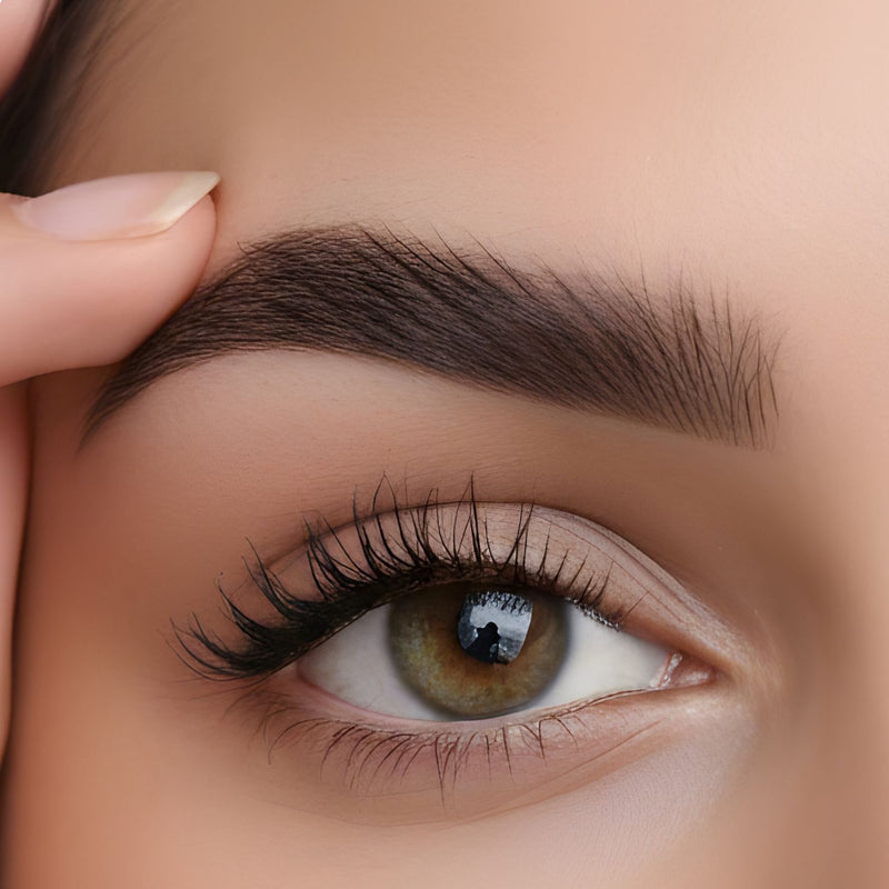 Close-up of a perfectly defined, full, dark brown eyebrow and eye, showcasing the final look achieved after applying the Tintology product.