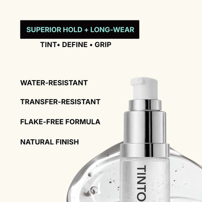 Fusion Brow Gel product image showing superior hold + long wear, tint-define-grip formula. Water-resistant, transfer-resistant, flake-free, natural finish.