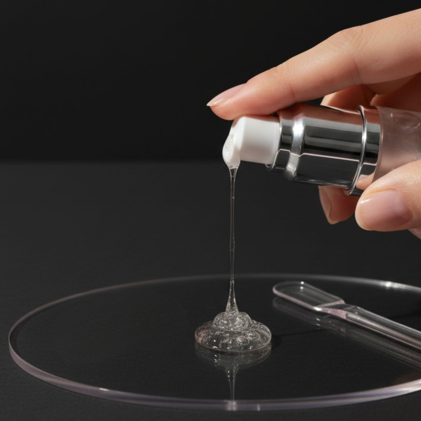 Close-up studio shot of a hand pressing the pump on the Tintology G2 Fuse Activator Gel bottle, dispensing a thick, clear, glossy drop of the product onto a dark mixing surface.