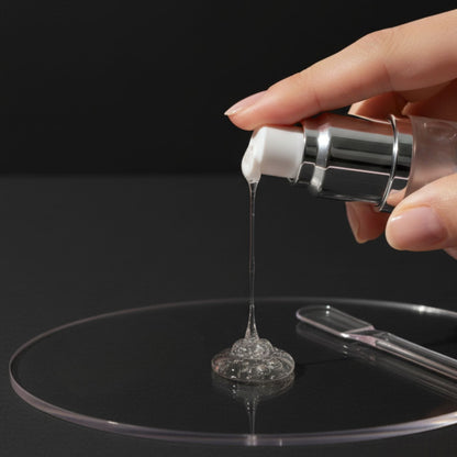 Close-up studio shot of a hand pressing the pump on the Tintology G2 Fuse Activator Gel bottle, dispensing a thick, clear, glossy drop of the product onto a dark mixing surface.
