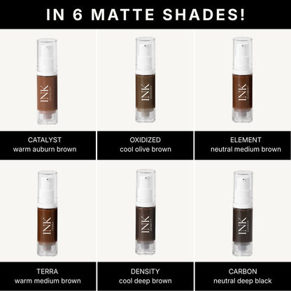 All six matte shades of INK brow pigment: CATALYST, OXIDIZED, ELEMENT, TERRA, DENSITY, and CARBON