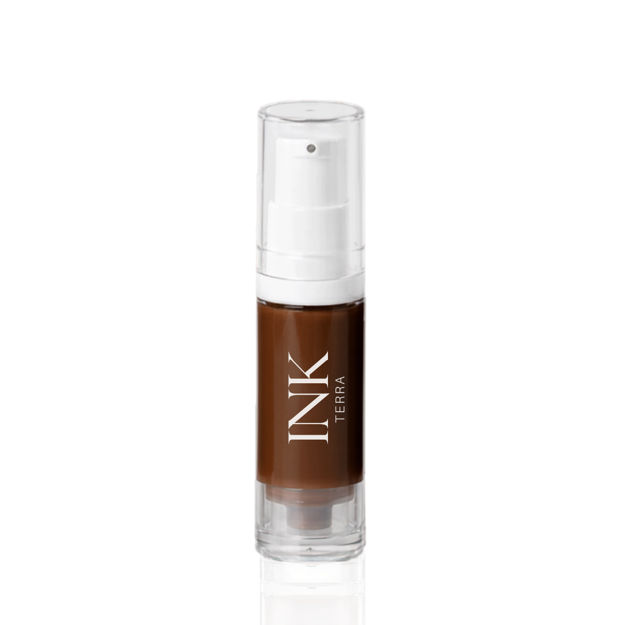 INK liquid-to-powder brow pigment in shade TERRA, clear airless pump bottle on a white background