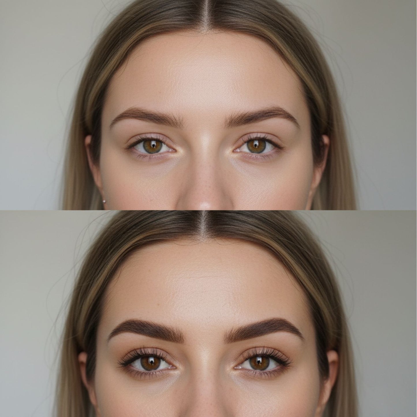 Before-and-after vertical comparison of a woman's eyes and forehead. The top panel shows the 'before' natural, lighter brows, and the bottom panel shows the 'after' results using T3-Medium Brown shade.
