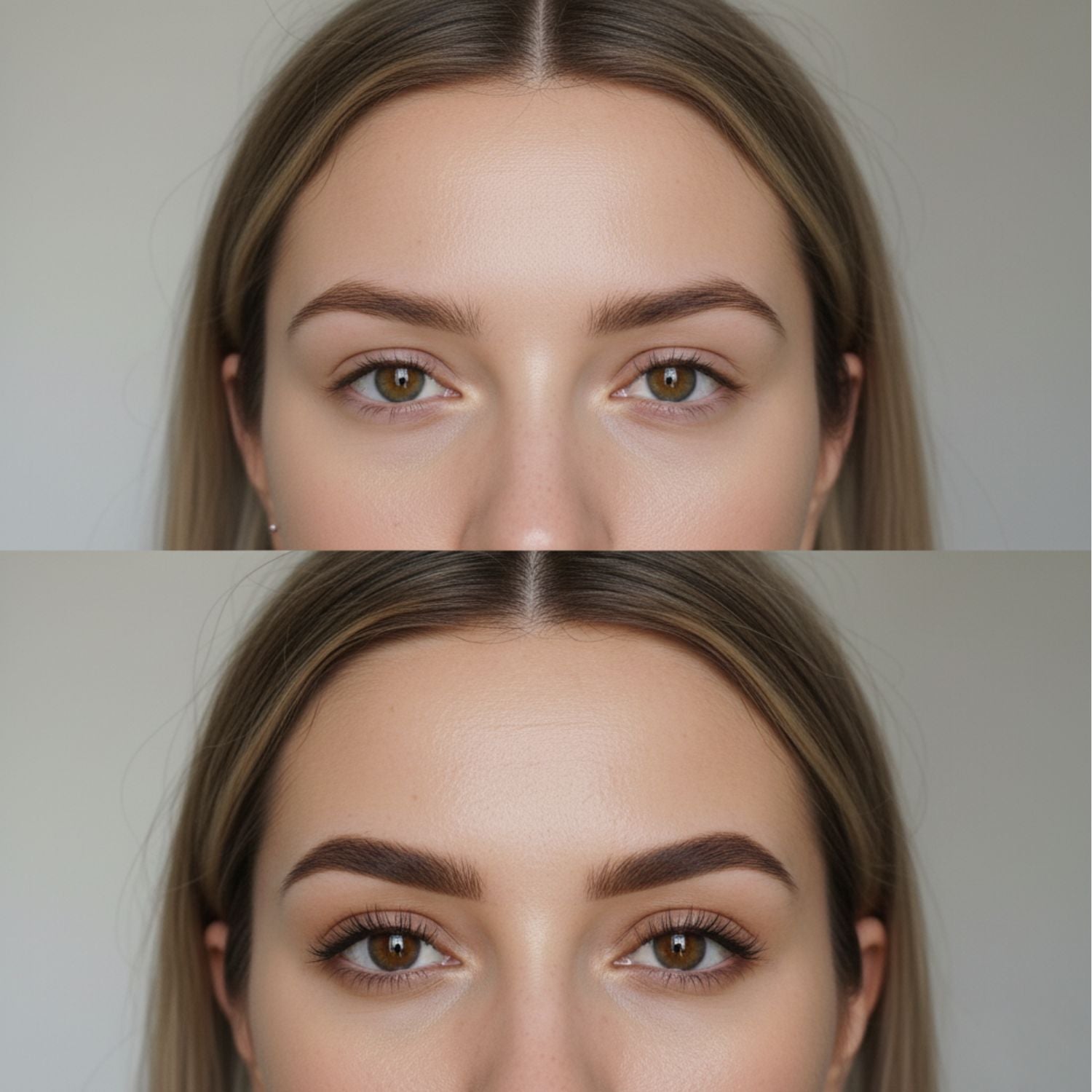 Before-and-after vertical comparison of a woman's eyes and forehead. The top panel shows the 'before' natural, lighter brows, and the bottom panel shows the 'after' results using T3-Medium Brown shade.