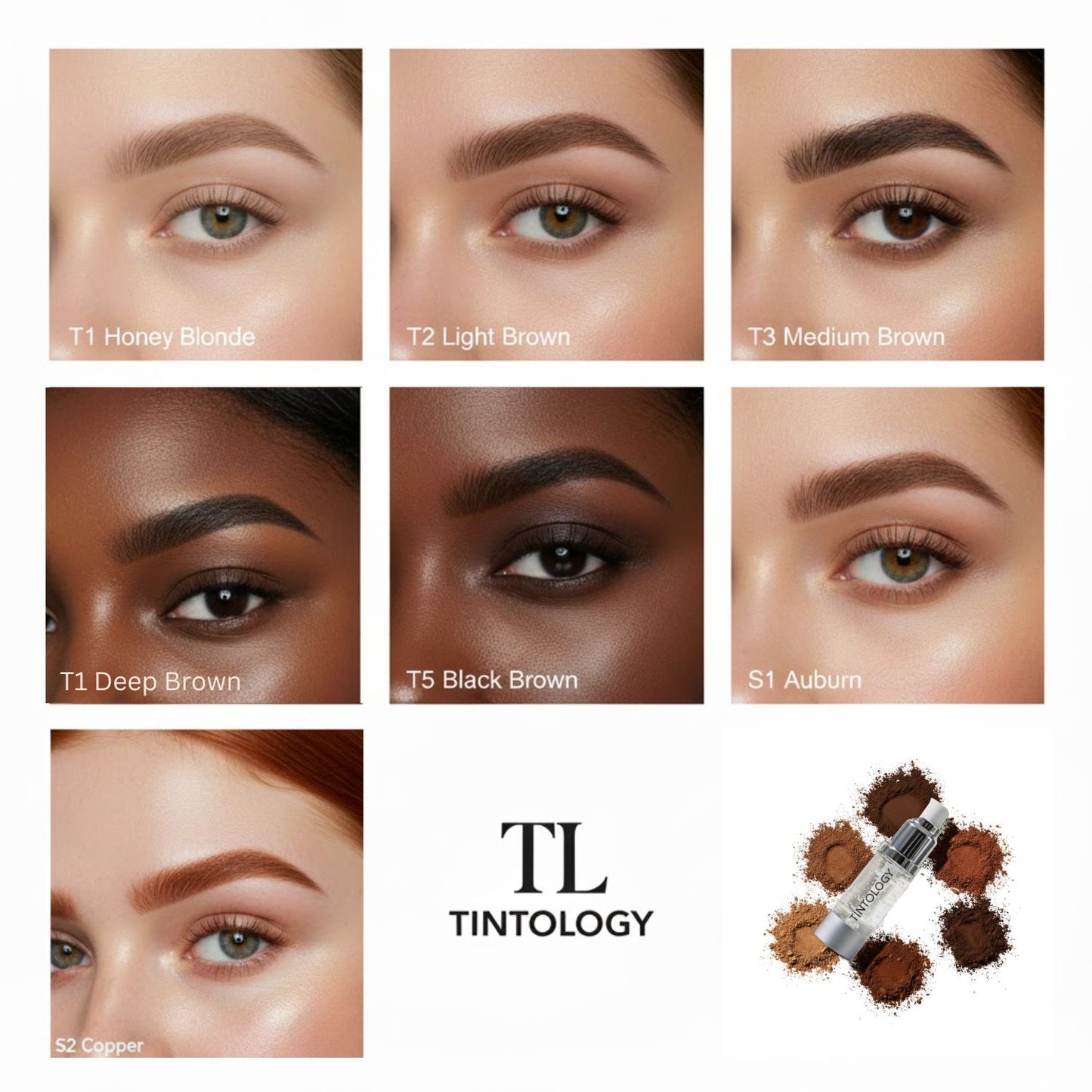 Tintology True Tone Pigment brow swatch collage showing 7 shades (Honey Blonde, Light Brown, Medium Brown, Deep Brown, Black Brown, Auburn, Copper) expertly applied to models across various skin tones, with the Tintology logo and product packaging visible in the bottom row.