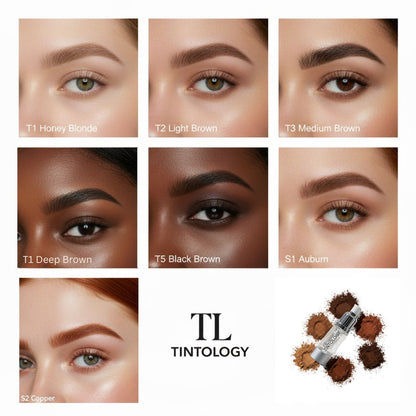 Tintology True Tone Pigment brow swatch collage showing 7 shades (Honey Blonde, Light Brown, Medium Brown, Deep Brown, Black Brown, Auburn, Copper) expertly applied to models across various skin tones, with the Tintology logo and product packaging visible in the bottom row.
