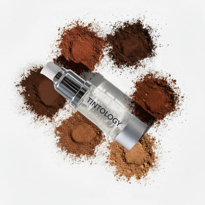 Overhead studio shot showing the clear Tintology G2 Fuse Activator Gel bottle surrounded by six small piles of True Tone Pigment powders in a range of shades, from light blonde to dark brown and red-brown.