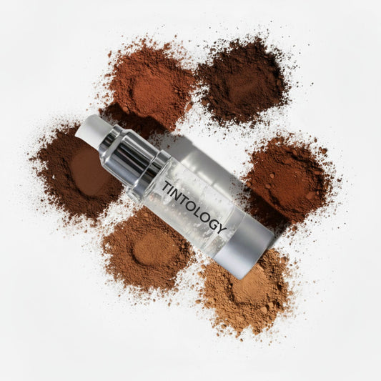 Overhead studio shot showing the clear Tintology G2 Fuse Activator Gel bottle surrounded by six small piles of True Tone Pigment powders in a range of shades, from light blonde to dark brown and red-brown.